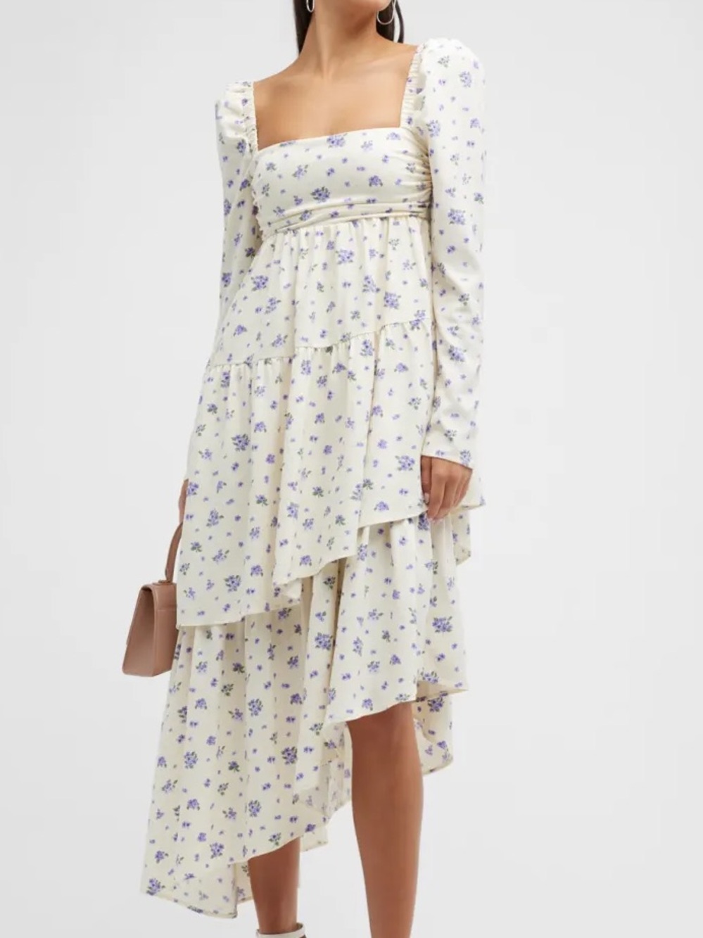 WeWoreWhat Puff Sleeve Floral Asymmetric Tiered Dress